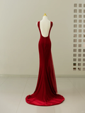 Sexy Mermaid Scoop Neck Velvet Burgundy Long Prom Dresses Party Dress 20th Birthday Outfits Graduation Dresses HZ1121