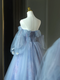 Pretty Ball Gown Off The Shoulder Blue Tulle Long Floral Quinceanera Dress Formal Gowns Sweet 17 Dresses Vestido De 15 Anos Sweet 16 Dress HZ1121