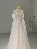 Unique Wedding Dress A Line Off The Shoulder Sequin Short Sleeves Wedding Dresses Bridal Gowns HZ1121