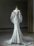 Princess Bridal Dress Mermaid Off The Shoulder Lace Tulle Long Sleeves Wedding Dress With Long Sleeves Wedding Dresses Modest Wedding Gowns HZ1121