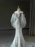 Princess Bridal Dress Mermaid Off The Shoulder Lace Tulle Long Sleeves Wedding Dress With Long Sleeves Wedding Dresses Modest Wedding Gowns HZ1121