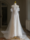 Unique Wedding Dress A Line Off The Shoulder Sequin Short Sleeves 70s Wedding Dresses Bridal Gowns HZ1121