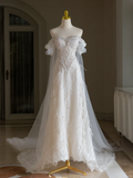 Unique Wedding Dress A Line Off The Shoulder Sequin Short Sleeves 70s Wedding Dresses Bridal Gowns HZ1121