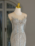 Sexy Mermaid Scoop Neck Light Blue Sequin Long Prom Dresses Party Dress 20th Birthday Outfits Graduation Dresses HZ1121