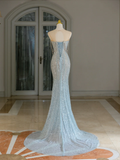 Sexy Mermaid Scoop Neck Light Blue Sequin Long Prom Dresses Party Dress 20th Birthday Outfits Graduation Dresses HZ1121