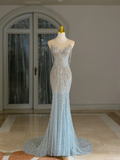 Sexy Mermaid Scoop Neck Light Blue Sequin Long Prom Dresses Party Dress 20th Birthday Outfits Graduation Dresses HZ1121