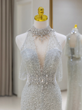 Sexy Mermaid High Neck Silver Gray Sequin Long Prom Dresses Party Dress 20th Birthday Outfits Graduation Dresses HZ1121