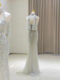 Sexy Mermaid High Neck Silver Gray Sequin Long Prom Dresses Party Dress 20th Birthday Outfits Graduation Dresses HZ1121