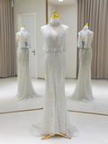 Sexy Mermaid High Neck Silver Gray Sequin Long Prom Dresses Party Dress 20th Birthday Outfits Graduation Dresses HZ1121