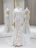 Unique Wedding Dress Mermaid Off The Shoulder Lace Long Sleeves 70s Wedding Dresses Bridal Gowns HZ1121