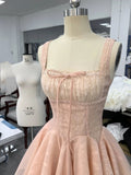 Cute Ball Gown Square Neck Lace Pink Short Mini Formal 8th Grade Homecoming Dresses Middle School Short Cocktail Dress Hoco Outfits HZ1121