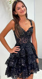 Pretty A line Spaghetti Straps Black Lace Mini Short Formal 8th Grade Homecoming Dresses Summer Middle School Hoco Dress Homecoming Outfits HZ1121