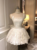 Cute Ball Gown Spaghetti Straps White Lace Formal 8th Grade Homecoming Dresses Middle School Short Cocktail Gowns Graduation Dress Hoco Outfits HZ1121