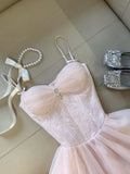 Modest A Line Spaghetti Straps Pink Tulle Formal 8th Grade Homecoming Dresses Middle School Short Birthday Gowns Graduation Dress Hoco Outfits HZ1121