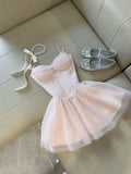 Modest A Line Spaghetti Straps Pink Tulle Formal 8th Grade Homecoming Dresses Middle School Short Birthday Gowns Graduation Dress Hoco Outfits HZ1121
