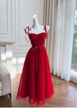 Modest A Line Spaghetti Straps Red Tulle Formal 8th Grade Homecoming Dresses Middle School Tea Length Birthday Gowns Graduation Dress Hoco Outfits HZ1121