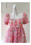 Unique Ball Gown Square Neck Floral Pink Short Mini Formal 8th Grade Homecoming Dresses Middle School Short Cocktail Dress Hoco Outfits HZ1121