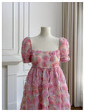Unique Ball Gown Square Neck Floral Pink Short Mini Formal 8th Grade Homecoming Dresses Middle School Short Cocktail Dress Hoco Outfits HZ1121