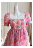 Unique Ball Gown Square Neck Floral Pink Short Mini Formal 8th Grade Homecoming Dresses Middle School Short Cocktail Dress Hoco Outfits HZ1121