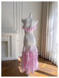 Sexy Mermaid Spaghetti Straps Pink Chiffon Long Prom Dresses Party Dress 20th Birthday Outfits Graduation Dresses HZ1121