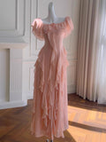 Sexy A Line Off The Shoulder Blush Pink Chiffon Long Prom Dresses Party Dress 20th Birthday Outfits Graduation Dresses HZ1121