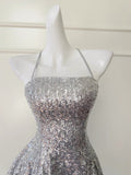 Sexy Ball Gown Halter Sequin Silver Backless Short Mini Formal 8th Grade Homecoming Dresses Middle School Short Birthday Gowns Graduation Dress Hoco Outfits HZ1121