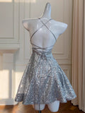 Sexy Ball Gown Halter Sequin Silver Backless Short Mini Formal 8th Grade Homecoming Dresses Middle School Short Birthday Gowns Graduation Dress Hoco Outfits HZ1121