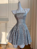 Sexy Ball Gown Halter Sequin Silver Backless Short Mini Formal 8th Grade Homecoming Dresses Middle School Short Birthday Gowns Graduation Dress Hoco Outfits HZ1121