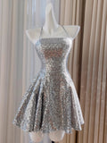 Sexy Ball Gown Halter Sequin Silver Backless Short Mini Formal 8th Grade Homecoming Dresses Middle School Short Birthday Gowns Graduation Dress Hoco Outfits HZ1121