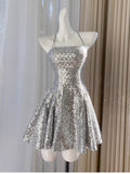 Sexy Ball Gown Halter Sequin Silver Backless Short Mini Formal 8th Grade Homecoming Dresses Middle School Short Birthday Gowns Graduation Dress Hoco Outfits HZ1121
