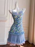 Modest A Line Spaghetti Straps Floral Blue Formal 8th Grade Homecoming Dresses Middle School Short Birthday Gowns Graduation Dress Hoco Outfits HZ1121