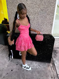 Modest A line Spaghetti Straps Pink Lace Formal Short Homecoming Dress Middle School Short 21st Birthday Outfits Graduation Dress Cocktail Dresses HZ1121