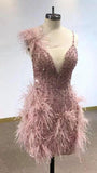 Aesthetic Sheath Straps Pink Tight Mini Feathers Formal Homecoming Dress Short Cocktail Outfits Graduation Dress Hoco Dress HZ1121
