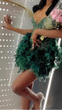 Aesthetic Sheath V Neck Dark Green Tight Mini Feathers Formal Homecoming Dress Short Cocktail Outfits Graduation Dress Hoco Dress HZ1121