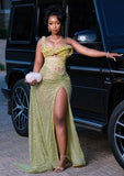 Sexy Mermaid One Shoulder Sage Green Sequin Slit Long Prom Dresses Party Dress 20th Birthday Outfits Graduation Dresses HZ1121
