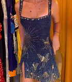 Aesthetic Sheath Square Neck Navy Blue Sequin Tight Mini Feathers Formal Homecoming Dress Short Cocktail Outfits Graduation Dress Hoco Dress HZ1121