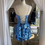 Aesthetic Sheath Spaghetti Straps Royal Blue Sequin Tight Mini Formal Homecoming Dress Short Cocktail Outfits Graduation Dress Hoco Dress HZ1121