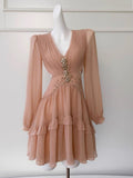 Simple A line V Neck Chiffon Mini Short Formal Cocktail Dress Homecoming Dresses Summer Middle School Hoco Dress Homecoming Outfits Birthday Outfit HZ1121
