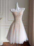 Aesthetic A line Spaghetti Straps Champagne Tulle Formal Mini Homecoming Dress Short 17th Birthday Outfits Graduation Dress Hoco Dresses HZ1121