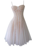 Aesthetic A line Spaghetti Straps Champagne Tulle Formal Mini Homecoming Dress Short 17th Birthday Outfits Graduation Dress Hoco Dresses HZ1121