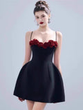 Aesthetic A Line Spaghetti Straps Black Satin Mini Formal Homecoming Dress Short Cocktail Outfits Graduation Dress Hoco Dress HZ1121