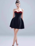 Aesthetic A Line Spaghetti Straps Black Satin Mini Formal Homecoming Dress Short Cocktail Outfits Graduation Dress Hoco Dress HZ1121