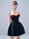 Aesthetic A Line Spaghetti Straps Black Satin Mini Formal Homecoming Dress Short Cocktail Outfits Graduation Dress Hoco Dress HZ1121