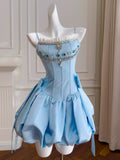 Cute Ball Gown Spaghetti Straps Blue Satin Formal Short Mini Homecoming Dress Middle School 20th Birthday Outfits Graduation Dress Cocktail Dresses HZ1121
