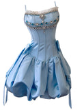 Cute Ball Gown Spaghetti Straps Blue Satin Formal Short Mini Homecoming Dress Middle School 20th Birthday Outfits Graduation Dress Cocktail Dresses HZ1121