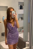 Sexy Sheath Halter Grape Sequin Short Formal Homecoming Dress Middle School Short 16th Birthday Outfits Graduation Dress Cocktail Dresses HZ1121
