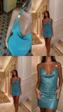 Simple Sheath Halter Blue Sequin Short Formal Homecoming Dress Middle School Short 20th Birthday Outfits Graduation Dress Cocktail Dresses HZ1121