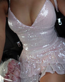 Simple Sheath Halter Light Pink Sequin Short Formal Homecoming Dress Middle School Short 20th Birthday Outfits Graduation Dress Cocktail Dresses HZ1121