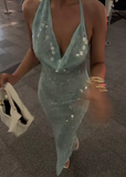 Elegant Mermaid Halter Light Green Sequin Long Prom Dresses Party Dress 21st Birthday Outfits Graduation Dresses HZ1121