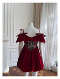 Aesthetic Ball Gown Burgundy Velvet Short Mini Feathers Formal Homecoming Dress Short Cocktail Outfits Graduation Dress Mini Hoco Dress HZ1121